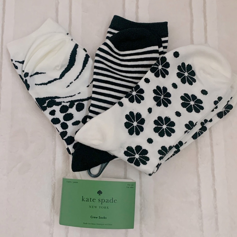 Kate Spade NY White Black Crew Socks 3 Pairs One Size - Picture 2 of 4